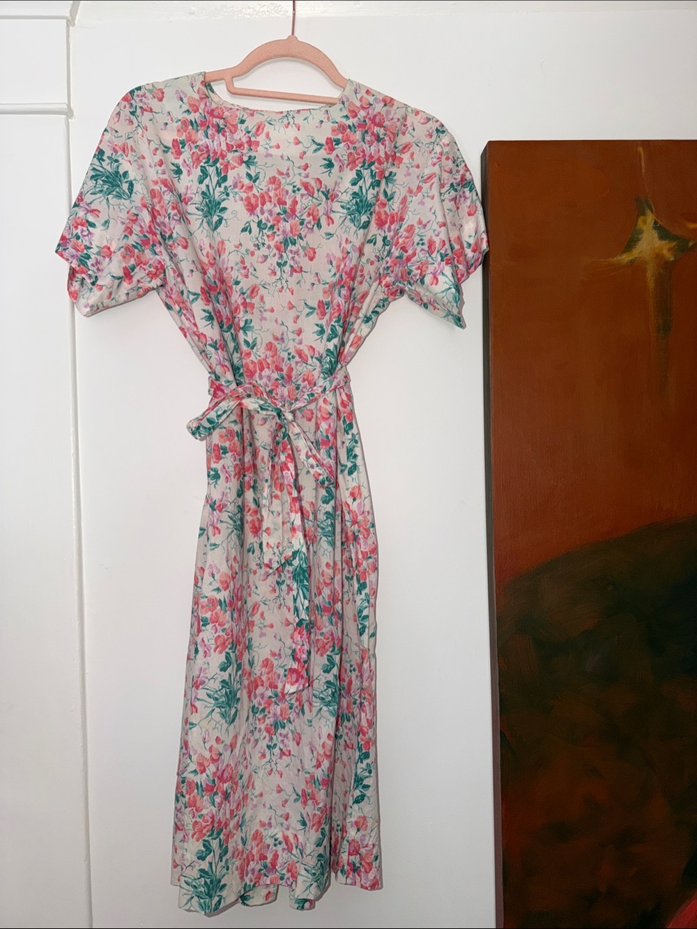 Vintage Liberty London Floral Tie-Waist Midi Dress - Pink & Green on White M